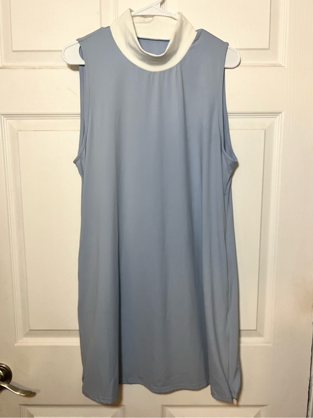HALARA Light Blue Sleeveless Mini Dress with White Mock Neck